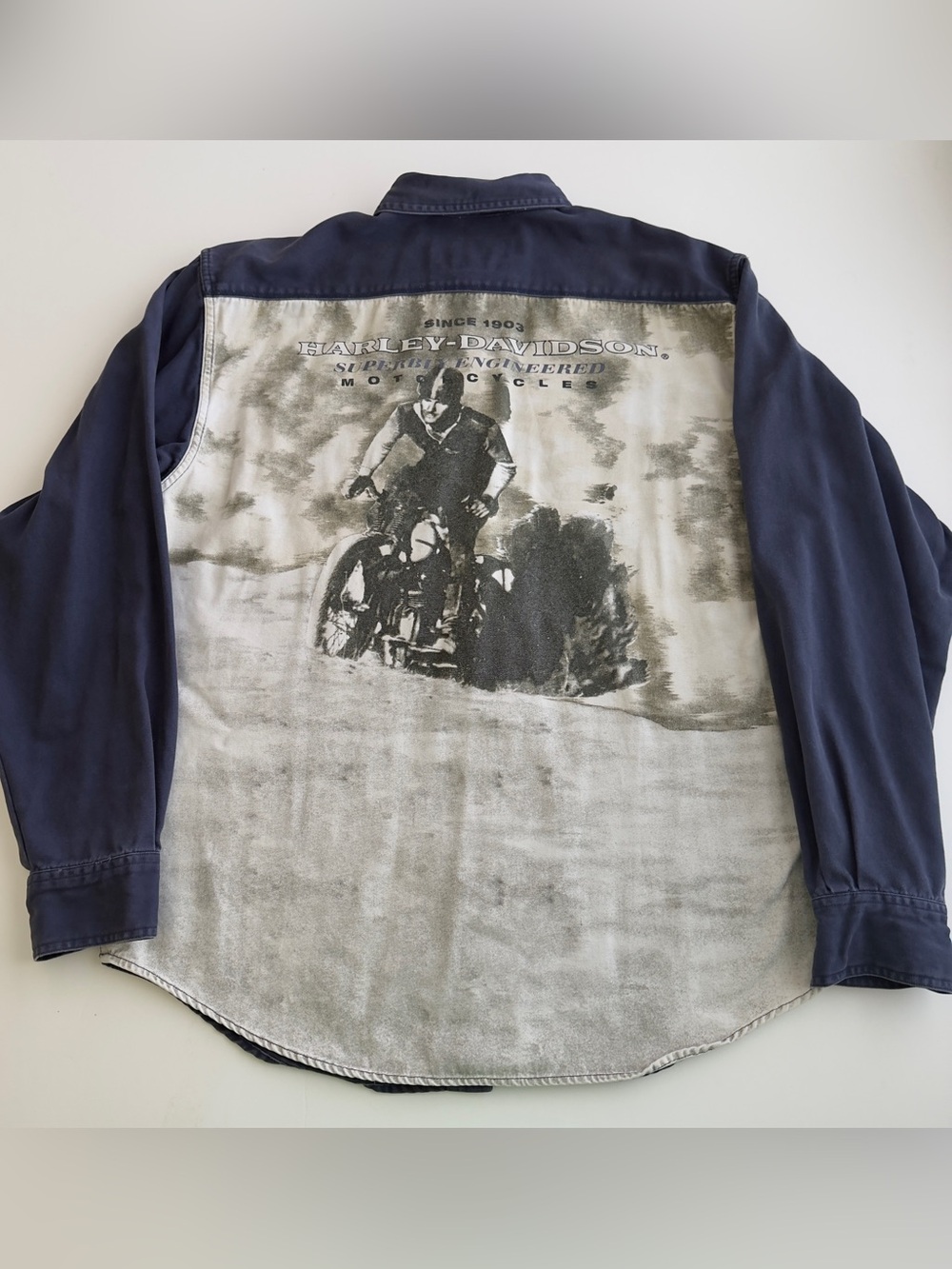 Vintage Hong Kong Harley-Davidson L Button Up LS Shirt Blue White Cotton Canvas